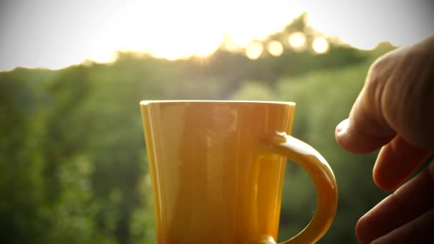 Drink delicious tea in nature. A mug of hot tea at sunset. There is steam from black or green tea. Hand take a cup. — Stock Video