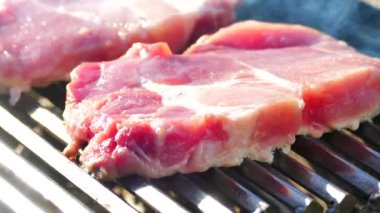 Çiğ et bir Barbekü ızgara dan biftek hazırlamak. Pikniğe, bir parça domuz eti kızartın. Doğada, rahatla ve yağlı kızarmış biftek çevirmek.