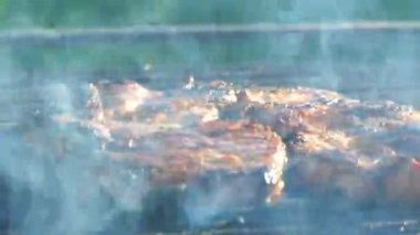 Çiğ et bir Barbekü ızgara dan biftek hazırlamak. Pikniğe, bir parça domuz eti kızartın. Doğada, rahatla ve yağlı kızarmış biftek çevirmek.
