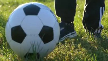 Baba ve oğul bahçesinde futbol oynayalım. Yeşil çim oyunda. Doğada birlikte mutlu aile.