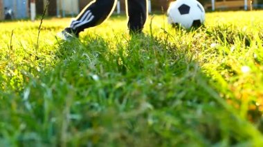 Baba ve oğul bahçesinde futbol oynayalım. Yeşil çim oyunda. Doğada birlikte mutlu aile.