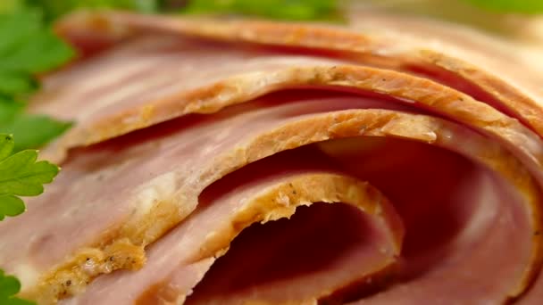 Bacon sliced on a cutting board with greens. Meat dinner with parsley. — Stock Footage Bacon Sliced Cutting Board Greens Meat Dinner Parsley Stock Video