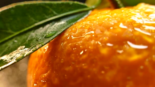 Reife schöne Mandarinen mit grünen Blättern. Zitrusfrüchte auf schwarzem Hintergrund. grüner Hintergrund, grüner Bildschirm und Chrom-Keyer. — Stockvideo