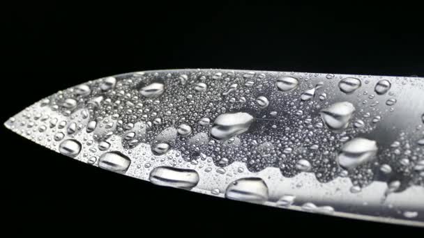 Chef Knife Közelről Santoku Kés Blade Penge Csepp Víz Áramlását — Stock videók