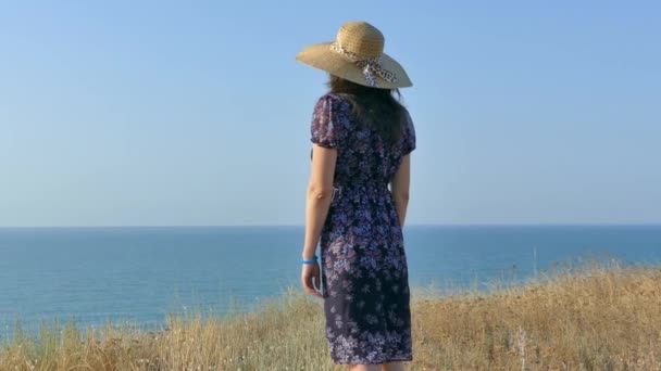 Ragazza Guarda Bellissimo Paesaggio Mattino Fermati Una Scogliera Riva Mare — Video Stock