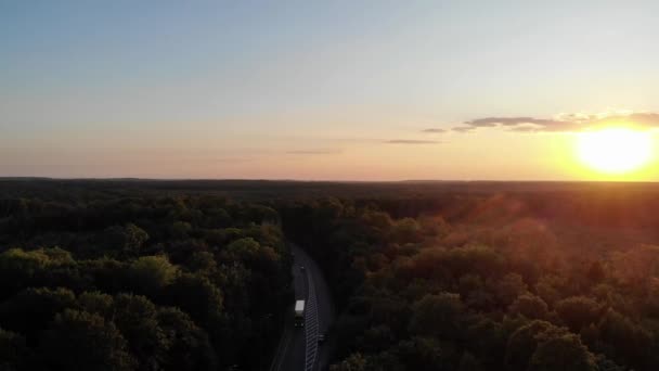 Estrada Através Floresta Vista Superior Auto Estrada Pôr Sol Carros — Vídeo de Stock