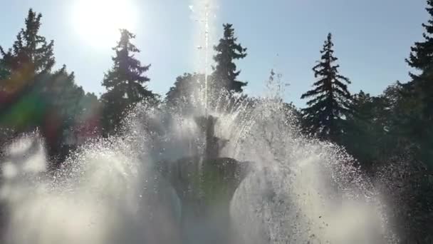 Fontaine municipale dans le parc. Une fontaine avec un ruisseau d'eau est éclairée par les rayons du soleil . — Video