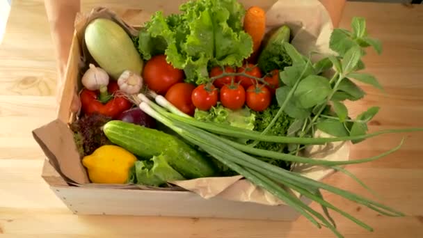 Cesta Com Legumes Uma Caixa Produtos Vegetarianos Traga Saladas Verduras — Vídeo de Stock