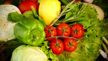 Sebzeler yakın plan çekimde. Mutfak tezgahındaki sebzeler. Domates salatalıklı kabaklı soğanlı salata biberli lahana..