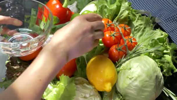 Handen Die Groenten Plukken Uit Een Dienblad Keuken Vegetarische Lunch — Stockvideo