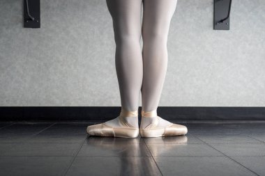 İlk pozisyonunda dans sınıfında ayakta Barre bale dansçı balerin arka görünümü