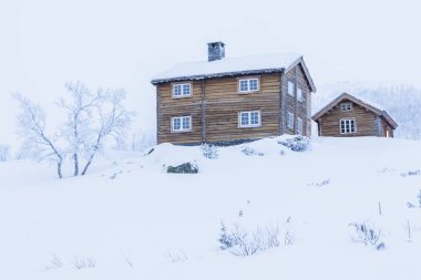 Kış giriş Kabin tarafından soğuk bir manzara çevrili Norveç'te karda