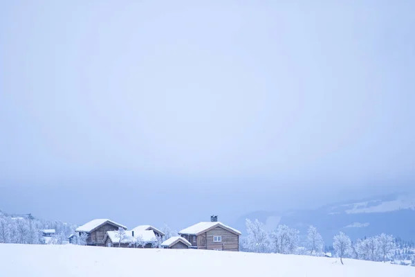 Winter Log Cabins Snow Norway Surrounded Frosty Landscape — Stock Photo, Image