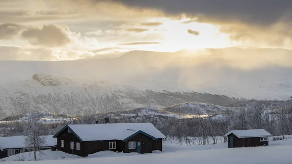 Winter log cabins in the snow in Norway surrounded by a frosty landscape