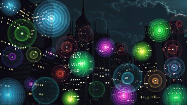Colorful Signal Wireless Networks in City at Night clipart