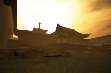 Gün Batımında Çin İç Avlusu 3d İllüstrasyon