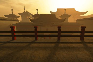 Gün Batımında Çin İç Avlusu 3d İllüstrasyon