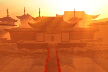 Gün Batımında Çin İç Avlusu 3d İllüstrasyon