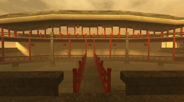 Gün Batımında Çin İç Avlusu 3d İllüstrasyon