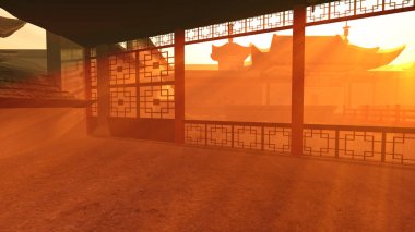 Gün Batımında Çin İç Avlusu 3d İllüstrasyon