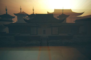 Gün Batımında Çin İç Avlusu 3d İllüstrasyon