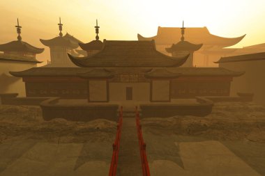 Gün Batımında Çin İç Avlusu 3d İllüstrasyon