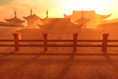 Gün Batımında Çin İç Avlusu 3d İllüstrasyon