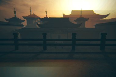 Gün Batımında Çin İç Avlusu 3d İllüstrasyon