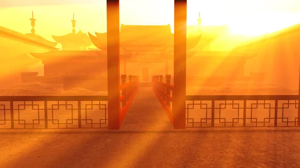 Chinese Wewnętrzny Dziedziniec Ten Zachód Słońca Ilustracja — Zdjęcie stockowe