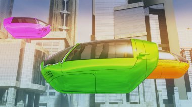 Özerk Elektrikli Araçlar Şehri Geleceğin 3D İllüstrasyonu