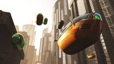 Özerk Elektrikli Araçlar Şehri Geleceğin 3D İllüstrasyonu