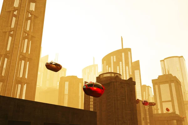 Autonomous Future Electric Vehicles in City Sunset 3D Illustration