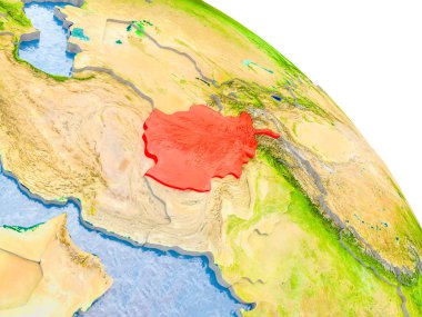 Glob görünür ülke sınırları ve okyanusların su ile gerçekçi yüzeyli kırmızı vurgulanır Afganistan Illustration. 3D çizim. Nasa tarafından döşenmiş bu görüntü unsurları.
