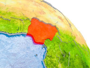 Glob görünür ülke sınırları ve okyanusların su ile gerçekçi yüzeyli kırmızı vurgulanır Nijerya Illustration. 3D çizim. Nasa tarafından döşenmiş bu görüntü unsurları.