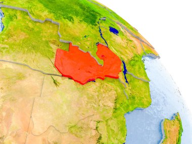 Glob görünür ülke sınırları ve okyanusların su ile gerçekçi yüzeyli kırmızı vurgulanır Zambiya Illustration. 3D çizim. Nasa tarafından döşenmiş bu görüntü unsurları.