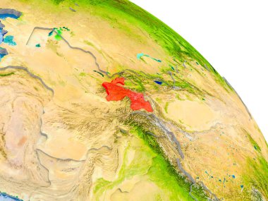 Glob görünür ülke sınırları ve okyanusların su ile gerçekçi yüzeyli kırmızı vurgulanır Tacikistan Illustration. 3D çizim. Nasa tarafından döşenmiş bu görüntü unsurları.