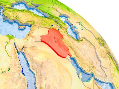 Glob görünür ülke sınırları ve okyanusların su ile gerçekçi yüzeyli kırmızı vurgulanır Irak Illustration. 3D çizim. Nasa tarafından döşenmiş bu görüntü unsurları.