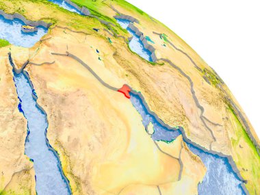Glob görünür ülke sınırları ve okyanusların su ile gerçekçi yüzeyli kırmızı vurgulanır Kuveyt Illustration. 3D çizim. Nasa tarafından döşenmiş bu görüntü unsurları.