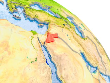 İllüstrasyon, Ürdün glob görünür ülke sınırları ve okyanusların su ile gerçekçi yüzeyli kırmızı vurgulanır. 3D çizim. Nasa tarafından döşenmiş bu görüntü unsurları.
