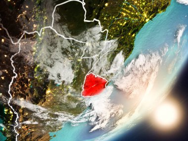 Uruguay çok detaylı yüzey dokuları ve görünür ülke sınırları ile uzaydan. 3D çizim. Nasa tarafından döşenmiş bu görüntü unsurları.