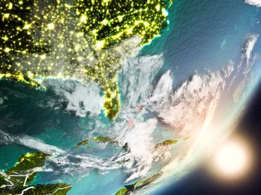 Bahamalar son derece detaylı yüzey dokuları ve görünür ülke sınırları ile uzaydan. 3D çizim. Nasa tarafından döşenmiş bu görüntü unsurları.