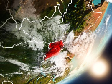 Uganda son derece detaylı yüzey dokuları ve görünür ülke sınırları ile uzaydan. 3D çizim. Nasa tarafından döşenmiş bu görüntü unsurları.