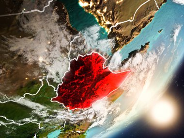 Etiyopya son derece detaylı yüzey dokuları ve görünür ülke sınırları ile uzaydan. 3D çizim. Nasa tarafından döşenmiş bu görüntü unsurları.