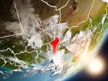 Benin son derece detaylı yüzey dokuları ve görünür ülke sınırları ile uzaydan. 3D çizim. Nasa tarafından döşenmiş bu görüntü unsurları.