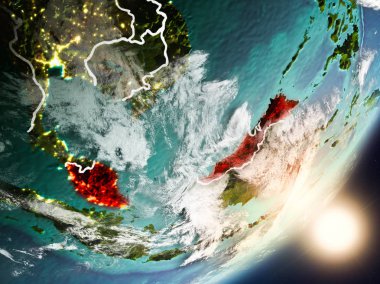 Malezya son derece detaylı yüzey dokuları ve görünür ülke sınırları ile uzaydan. 3D çizim. Nasa tarafından döşenmiş bu görüntü unsurları.