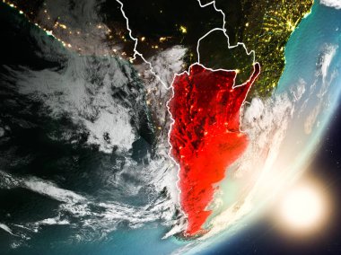 Arjantin son derece detaylı yüzey dokuları ve görünür ülke sınırları ile uzaydan. 3D çizim. Nasa tarafından döşenmiş bu görüntü unsurları.