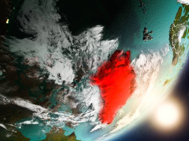 Grönland son derece detaylı yüzey dokuları ve görünür ülke sınırları ile uzaydan. 3D çizim. Nasa tarafından döşenmiş bu görüntü unsurları.