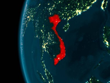 Vietnam son derece detaylı yüzey dokuları ile gece Dünya gezegeninin yörüngeden. 3D çizim. Nasa tarafından döşenmiş bu görüntü unsurları.