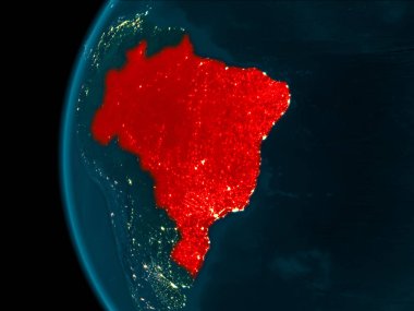 Son derece detaylı yüzey dokuları ile gece Dünya gezegeninin yörüngesine Brezilya'dan. 3D çizim. Nasa tarafından döşenmiş bu görüntü unsurları.