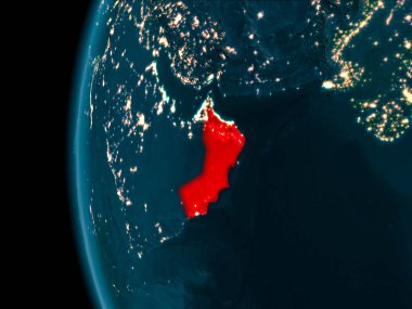 Birleşik Arap Emirlikleri üzerinden son derece detaylı yüzey dokuları ile gece Dünya gezegeninin yörüngesinde. 3D çizim. Nasa tarafından döşenmiş bu görüntü unsurları.